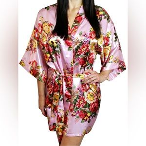 New Ms Lovely Pink Floral Satin Kimono Short Robe Lingerie Silky Yellow Wedding